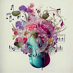 Violine acoustic instrument with flowers, music passion concept, pastel colors, generative AI