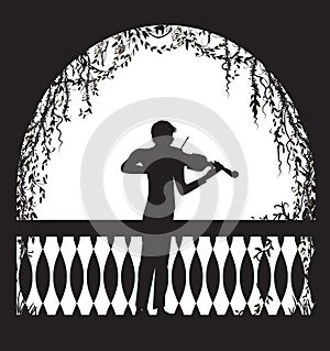 Violinist in the arch balcony with curl vines and plant, romantic melody character, silhouette, shadows,