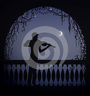 Violinist in the arch of a balcony at romantic dark night, romantic melody character, silhouette, shadows,