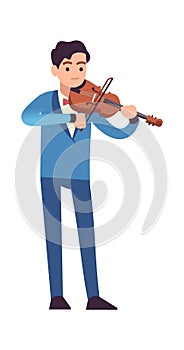 Violinist performance. Classic male musician with violin plays melody, stringed musical instrument, acoustic music show