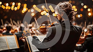 Violinist playing in orchestra. Symphony orchestra concert, musical evening, classical music