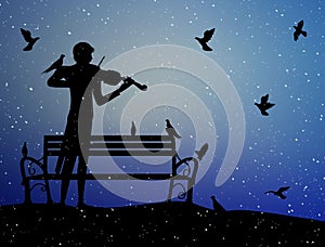 Violinist plays under the snow in the park with pigeons, violin dreamer, first snow nostalgic memories, silhouette,