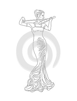 Violinist woman in gown linear hand drawn illustration