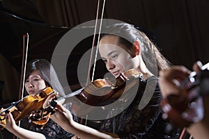 Violinists playing during a performance, head and shoulders