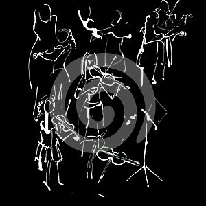 violinists playing the violin on a black background. hand-drawn white ink