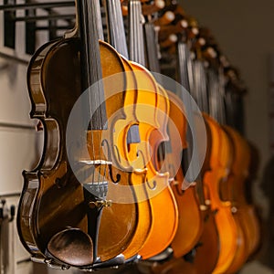 Violins hanging on display