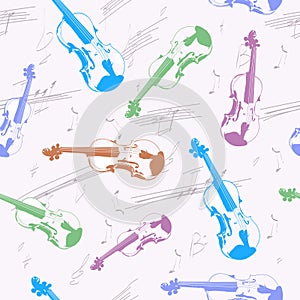 Violins and musical notes. Seamless pattern. Abstract vector background with a musical theme