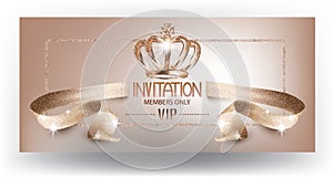 VIP beige beautiful invitation card with curly textured ribbon and crown.