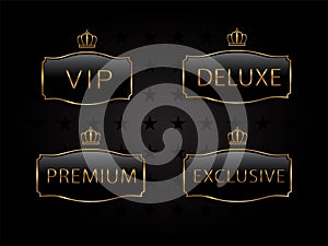 Vip black glass label with golden frame and crown. Premium, exclusive, luxury badge on certificate, royal award. Template of