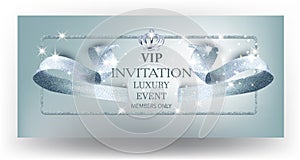 VIP blue beautiful invitation card with curly textured ribbon and crown.
