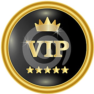 VIP button with crown and stars on black circle