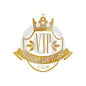 VIP club logo design, luxury elegant golden badge with crown for boutique, restaurant, hotel, resort vector Illustration