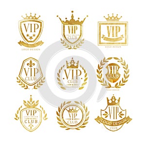 VIP club logo design set, luxury golden badge for boutique, restaurant, hotel vector Illustrations on a white background