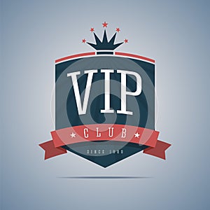 Vip club sign with ribbon, crown and stars