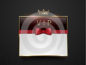 Vip dark red glass label with golden frame, crown and red bow tie on black silk geometric background. White text place. Premium