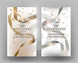 VIP elegand invitation cards with flying confetti and silk ribbons.