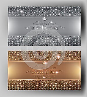 VIP elegant invitation cards with gold and silver design elements.