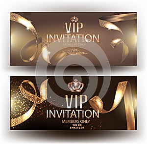 Vip elegant invitation cvards with gold beautiful ribbons and gold vintage elements.