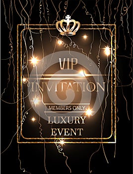 VIP event Invitation card with gold serpentine, crown and frame .