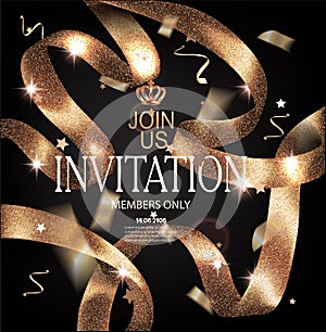 VIP gold luxury invitation cards with sparkling curly ribbons.