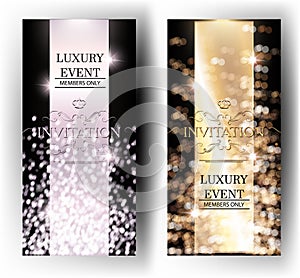 VIP gold and silver luxury invitation cards with defocuced lights on the background.