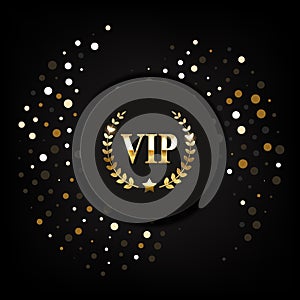 Vip golden label with laurel wreath and sunburst rays on a black background. Premium design. Luxury template design