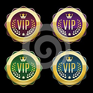 Vip golden labels set. Premium medals of different color. Vector illustration