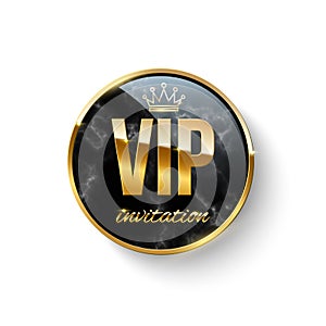 Vip invitation 3d button with gold crown, border and text on black marble texture