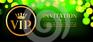 VIP invitation card with gold and bokeh glowing background. Premium luxury elegant design