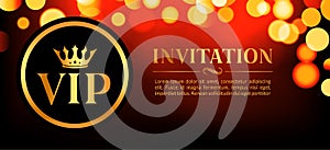 VIP invitation card with gold and bokeh glowing background. Premium luxury elegant design