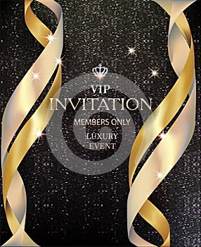 Vip invitation card withgolden ribbons and background with circle pattern.