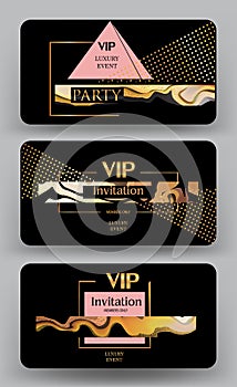 Vip invitation cards with abstract design elements.