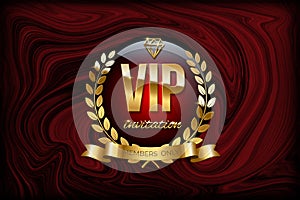 VIP invitation design template. Vector golden ribbon, laurel wreath and VIP invitation text on red marble or liquid