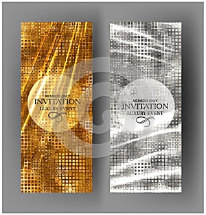 VIP invitation gold and silver cards with pleated sparkling fabric.