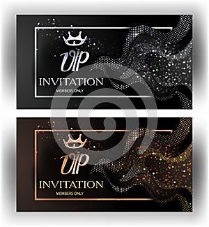 VIP invitation silver and gold cards with crowns and abstract design elements.