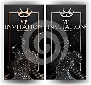 VIP invitation silver and gold cards with crowns and abstract design elements.
