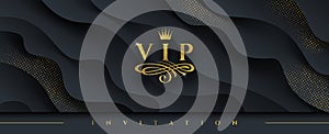 VIP invitation template - Glitter gold logo with crown and flourishes element  on abstract layered black background.