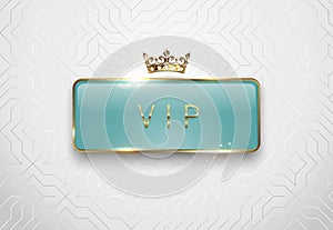 Vip light green glass label with golden frame sparks and crown on white background. Premium glossy template. Vector luxury