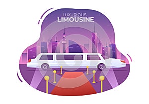 VIP Limousine Car of Red Carpet for Celebrity Superstar Walk with Night City Landscape View in Flat Cartoon Illustration