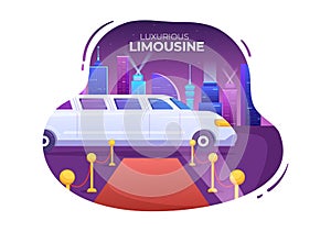 VIP Limousine Car of Red Carpet for Celebrity Superstar Walk with Night City Landscape View in Flat Cartoon Illustration