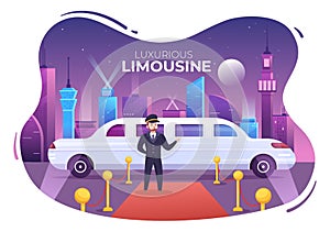 VIP Limousine Car of Red Carpet for Celebrity Superstar Walk with Night City Landscape View in Flat Cartoon Illustration