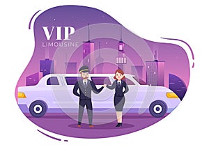 VIP Limousine Car of Red Carpet for Celebrity Superstar Walk with Night City Landscape View in Flat Cartoon Illustration