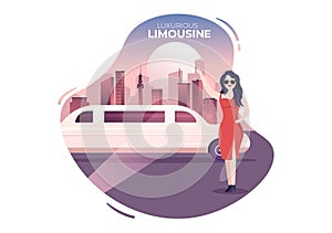 VIP Limousine Car of Red Carpet for Celebrity Superstar Walk with Night City Landscape View in Flat Cartoon Illustration