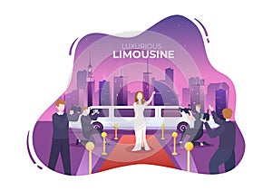 VIP Limousine Car of Red Carpet for Celebrity Superstar Walk with Night City Landscape View in Flat Cartoon Illustration