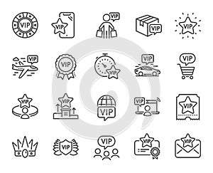 Vip line icons. Casino chips, very important person, delivery parcel. Certificate, player table, vip buyer. Vector