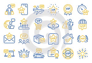 Vip line icons. Casino chips, very important person, delivery parcel. Certificate, player table, vip buyer. Vector