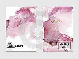 Vip luxury design. Marble watercolor splash, pink tender flow design. Gold glitter foil. Business template, greeting or