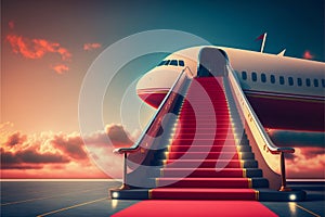 Vip luxury red carpet on stairs to private jet airplane. Generative AI