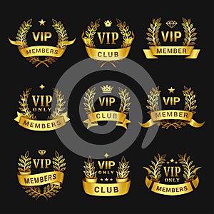 VIP members  club emblems design set. Golden badges  labels. Exclusive membership signs