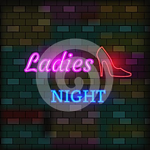 Vip Neon Icon. Cute Vip Neon Ladies Night Inscription With Red Slipper On The Dark Brick Wall Background. Flat Style